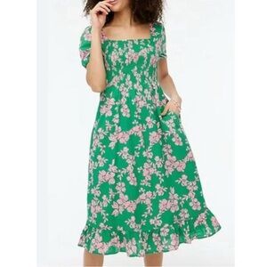 J. Crew Smocked Green and Pink Floral Midi Dress w/ Pockets XL